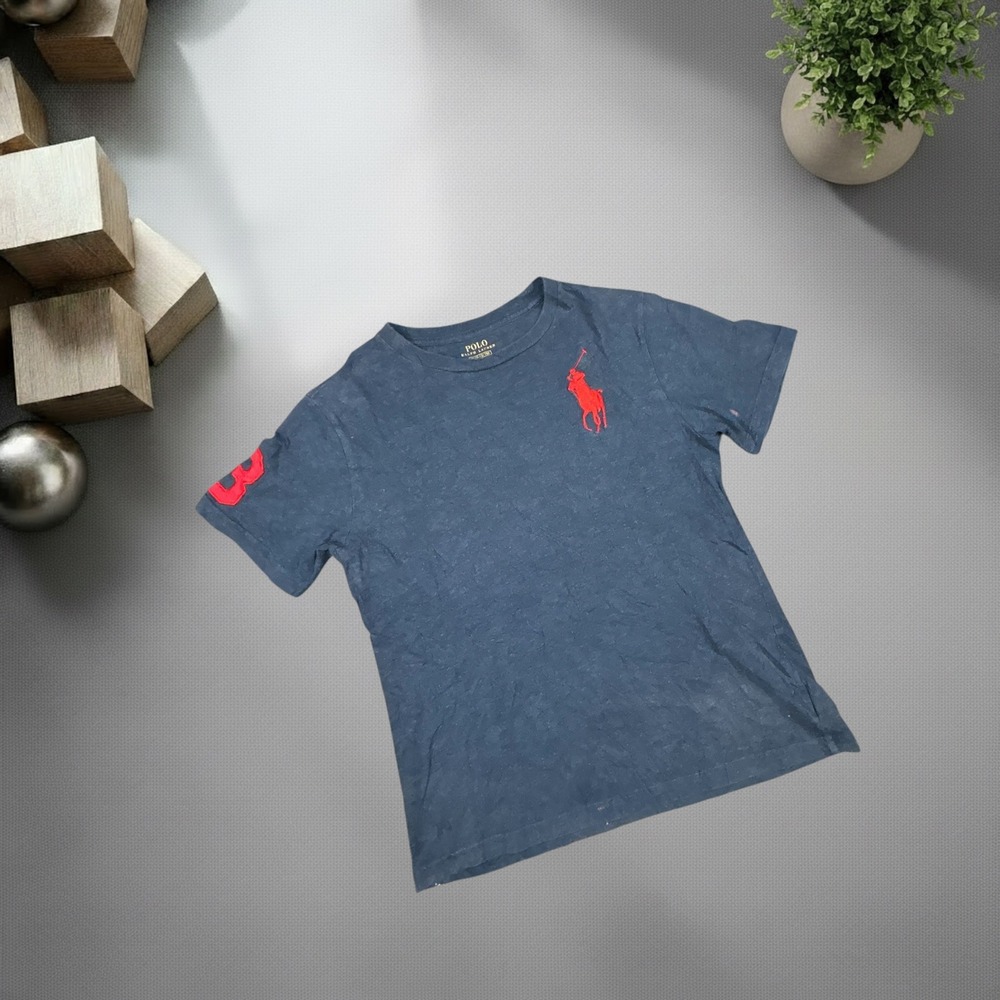 Polo Ralph Lauren Big Pony T-Shirt Boys Medium 10-12 Navy Blue Red Logo Y2K